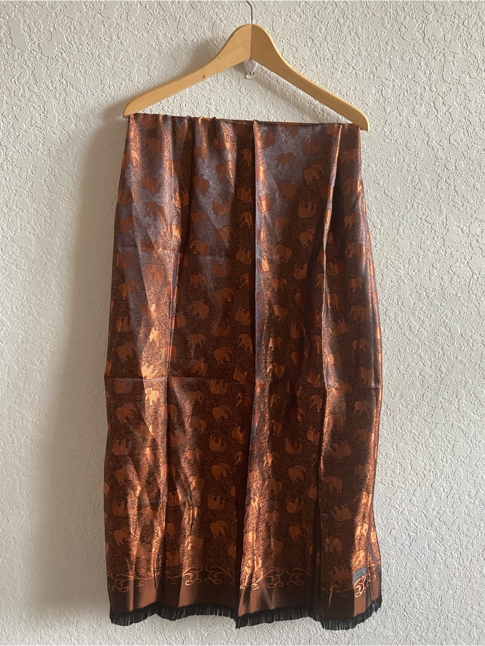 Copper Brown Elephant Jacquard Scarf Wrap Silk.